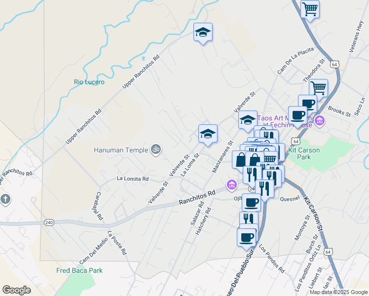 map of restaurants, bars, coffee shops, grocery stores, and more near 240 Valverde Street in Taos
