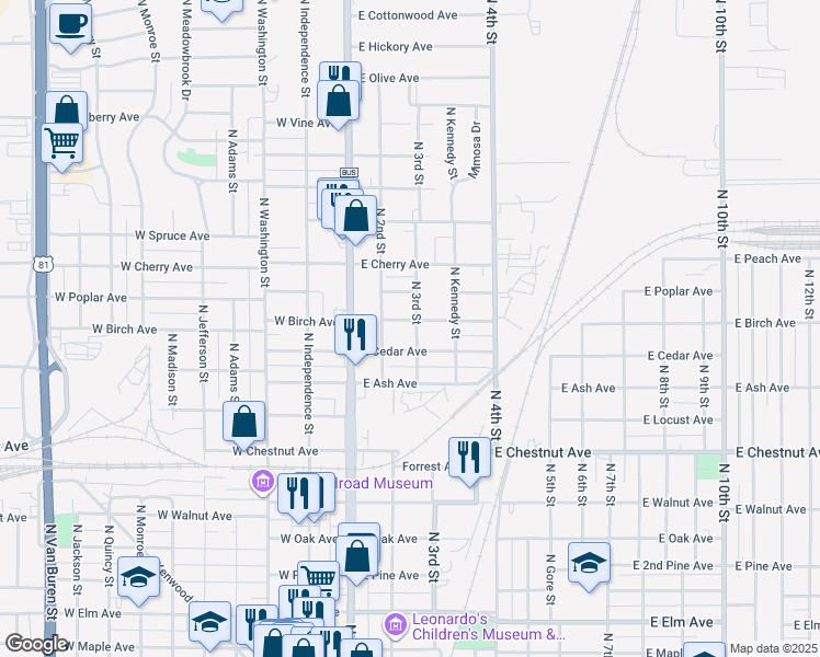map of restaurants, bars, coffee shops, grocery stores, and more near 218 East Birch Avenue in Enid
