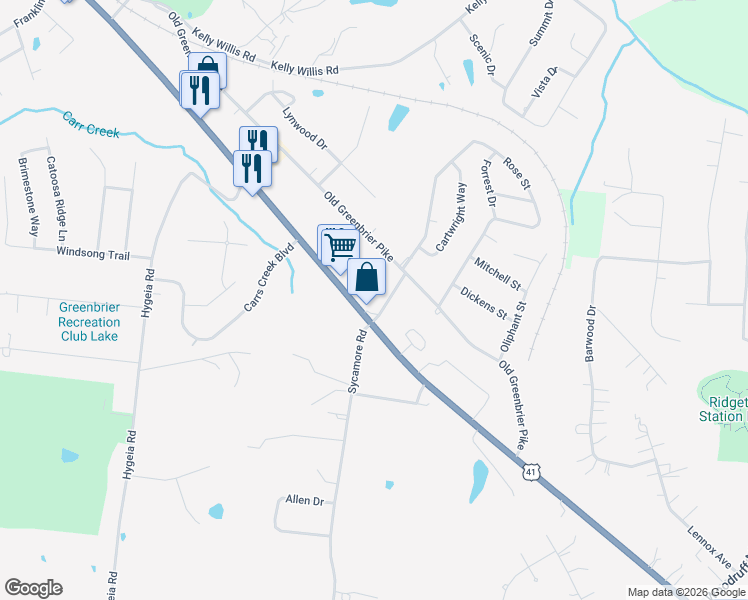 map of restaurants, bars, coffee shops, grocery stores, and more near 108 Billy Robb Street in Greenbrier