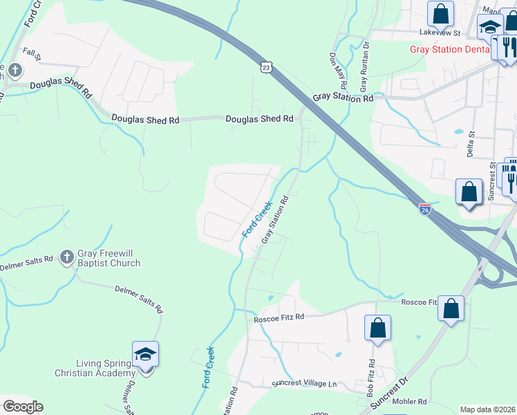 map of restaurants, bars, coffee shops, grocery stores, and more near 116 Springview Drive in Gray