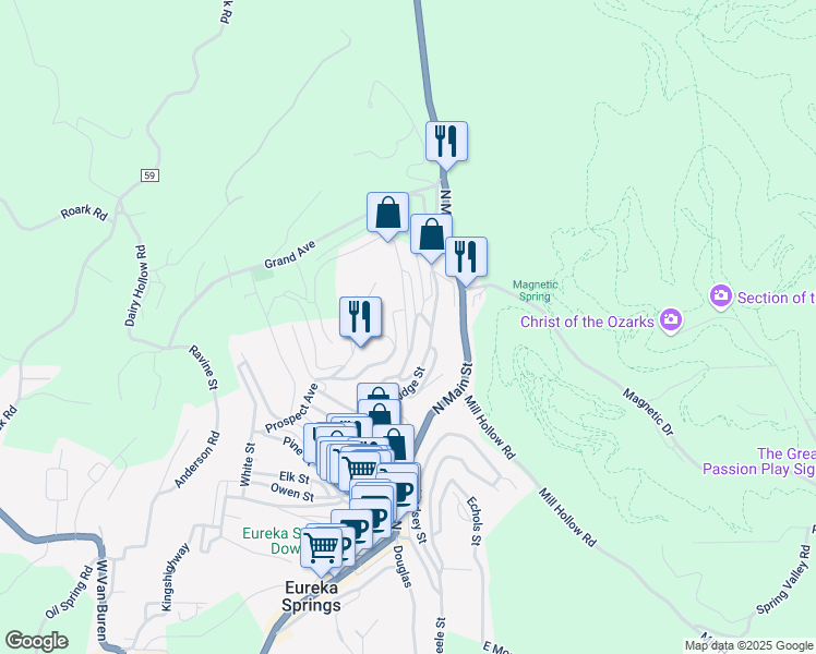 map of restaurants, bars, coffee shops, grocery stores, and more near 34 Hillside Avenue in Eureka Springs
