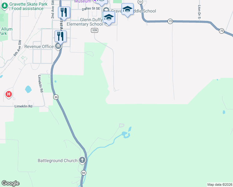 map of restaurants, bars, coffee shops, grocery stores, and more near 503 El Paso Street Southeast in Gravette