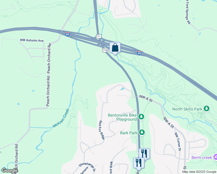 map of restaurants, bars, coffee shops, grocery stores, and more near 3204 Cardinal Creek Circle in Bentonville