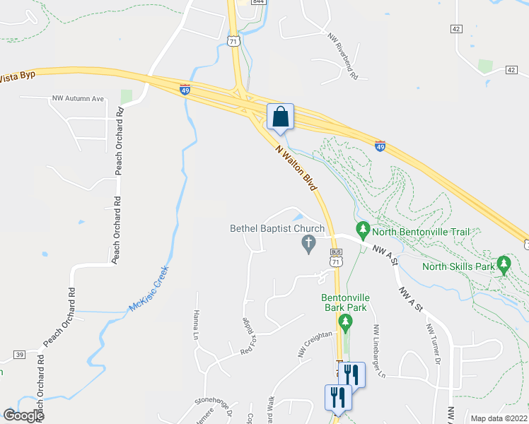 map of restaurants, bars, coffee shops, grocery stores, and more near 3204 Cardinal Creek Circle in Bentonville