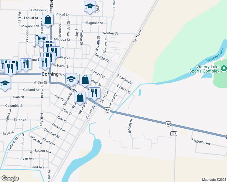 map of restaurants, bars, coffee shops, grocery stores, and more near 306 East Walnut Street in Corning