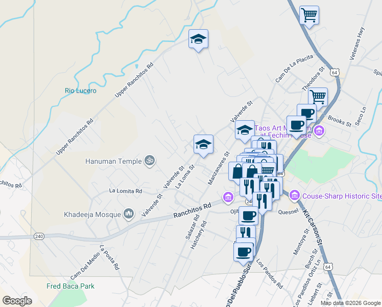 map of restaurants, bars, coffee shops, grocery stores, and more near 240 Valverde Street in Taos