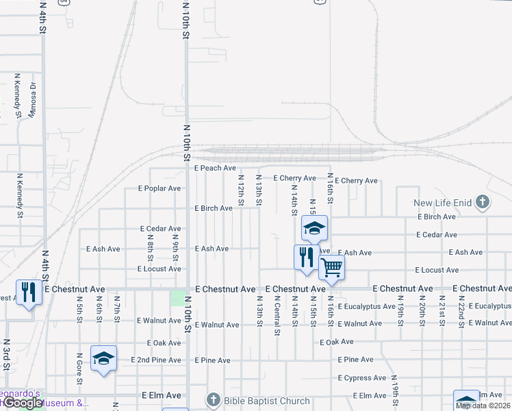 map of restaurants, bars, coffee shops, grocery stores, and more near 1309 North 12th Street in Enid