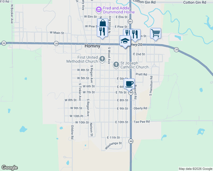 map of restaurants, bars, coffee shops, grocery stores, and more near 623 S Wood Ave in Hominy
