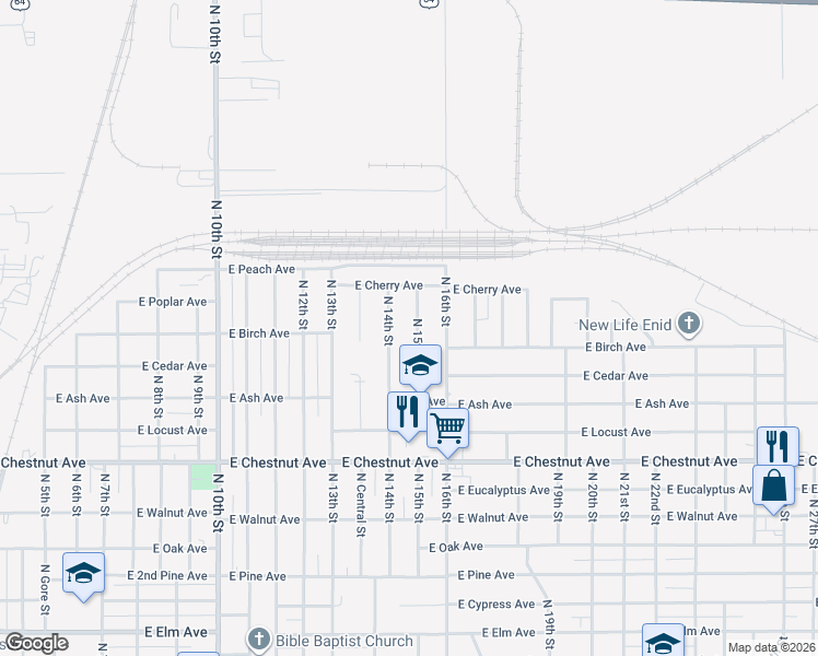 map of restaurants, bars, coffee shops, grocery stores, and more near 1313 North 15th Street in Enid
