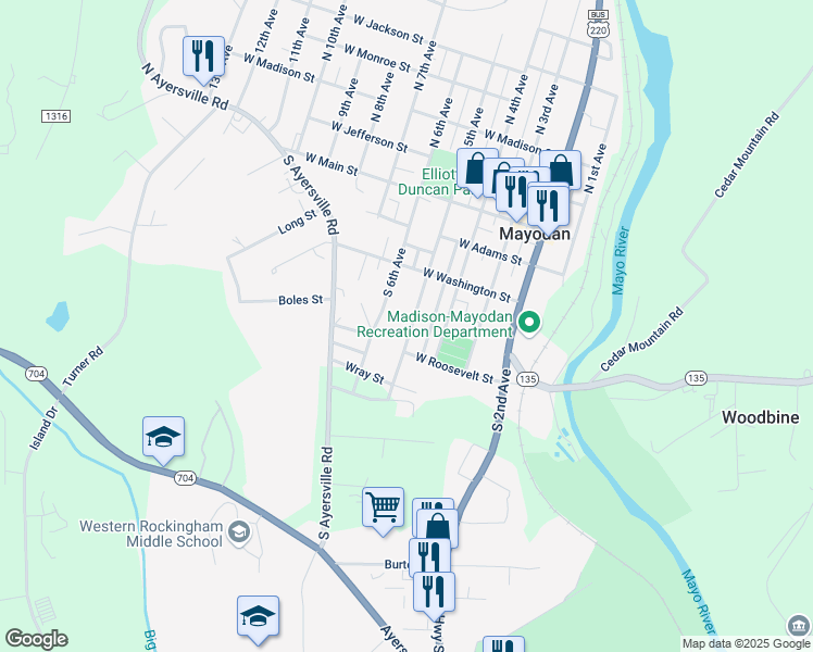 map of restaurants, bars, coffee shops, grocery stores, and more near 324 S 5th Ave in Mayodan