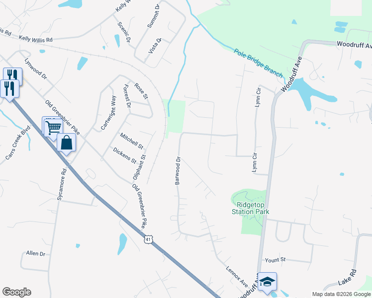 map of restaurants, bars, coffee shops, grocery stores, and more near 2539 Barwood Drive in Greenbrier