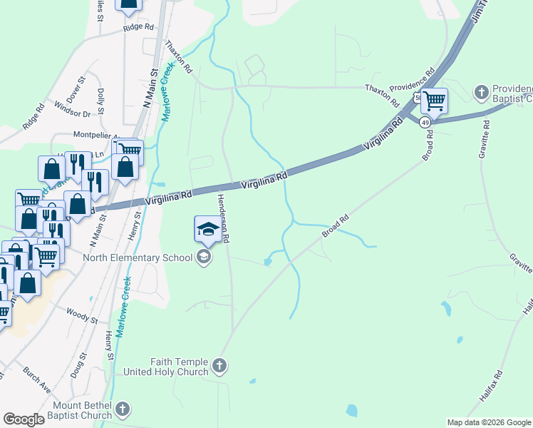 map of restaurants, bars, coffee shops, grocery stores, and more near in Roxboro