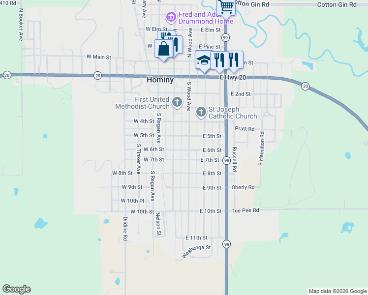 map of restaurants, bars, coffee shops, grocery stores, and more near 623 South Wood Avenue in Hominy