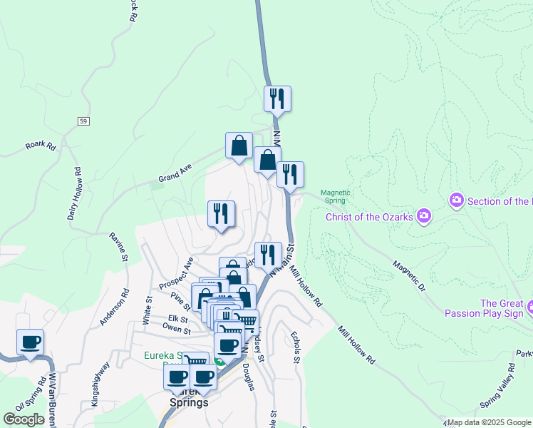map of restaurants, bars, coffee shops, grocery stores, and more near 34 Hillside Avenue in Eureka Springs
