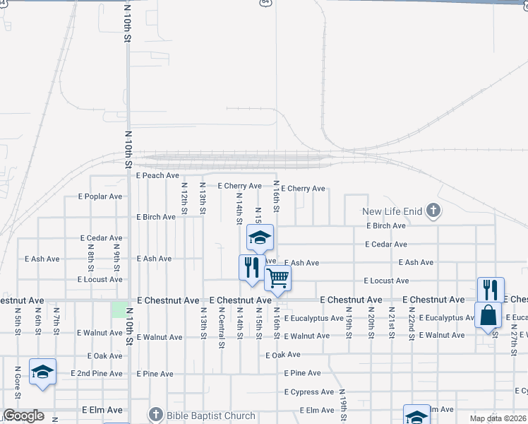 map of restaurants, bars, coffee shops, grocery stores, and more near 1313 North 15th Street in Enid