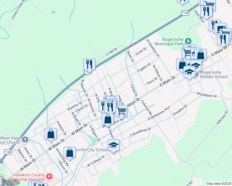 map of restaurants, bars, coffee shops, grocery stores, and more near 217 Clay Street in Rogersville