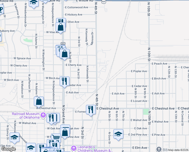 map of restaurants, bars, coffee shops, grocery stores, and more near 360 East Birch Avenue in Enid