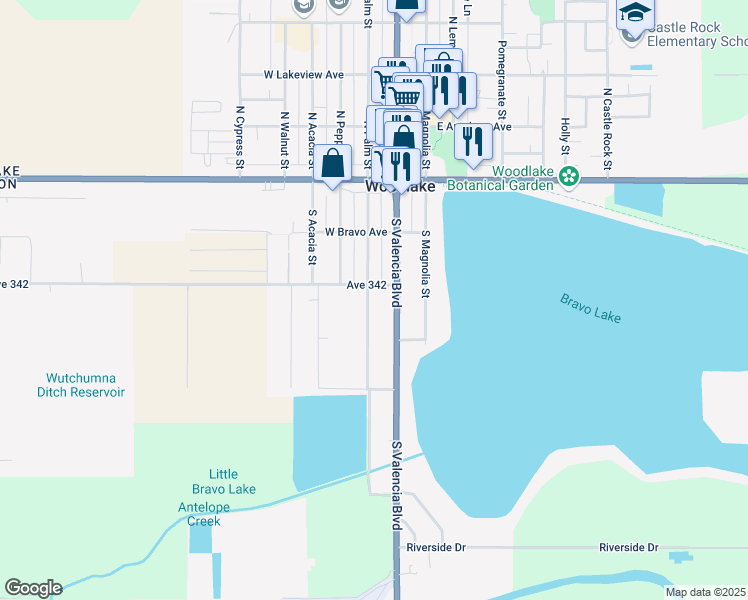 map of restaurants, bars, coffee shops, grocery stores, and more near 324 South Palm Street in Woodlake