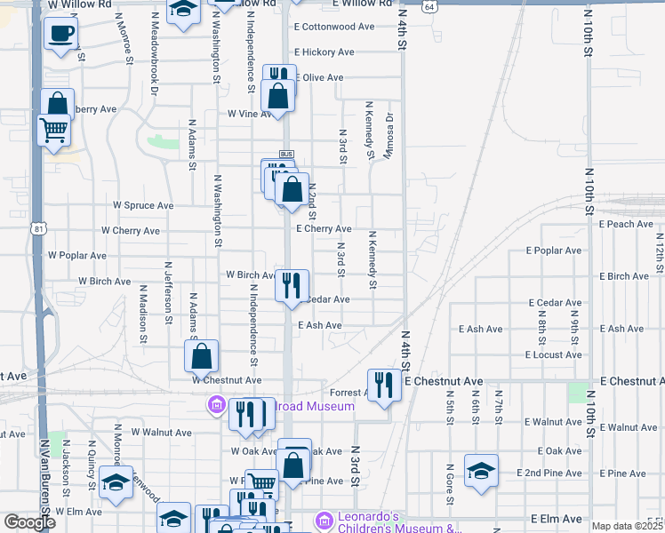map of restaurants, bars, coffee shops, grocery stores, and more near 218 East Birch Avenue in Enid