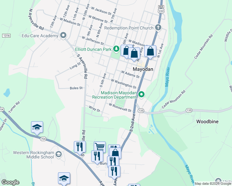 map of restaurants, bars, coffee shops, grocery stores, and more near 320 South 4th Avenue in Mayodan