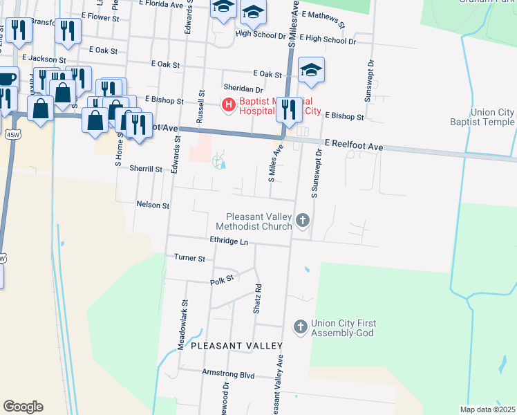 map of restaurants, bars, coffee shops, grocery stores, and more near 1411 Honeysuckle Drive in Union City
