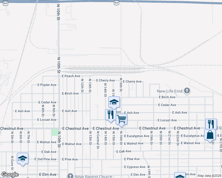 map of restaurants, bars, coffee shops, grocery stores, and more near 1313 North 15th Street in Enid