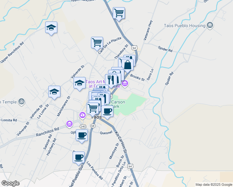 map of restaurants, bars, coffee shops, grocery stores, and more near 215 Paseo Del Pueblo Norte in Taos