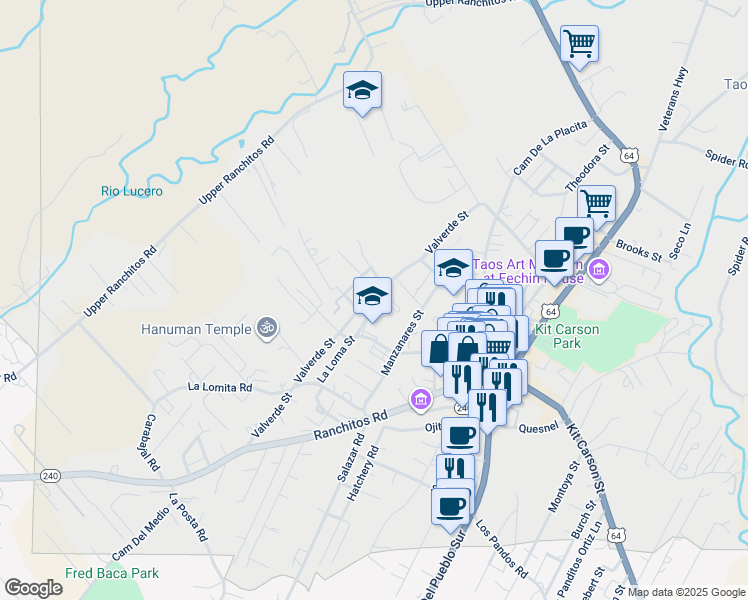 map of restaurants, bars, coffee shops, grocery stores, and more near 301-319 Saavedra Street in Taos
