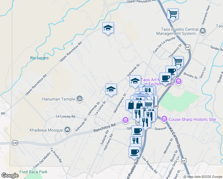 map of restaurants, bars, coffee shops, grocery stores, and more near 319 Saavedra Street in Taos