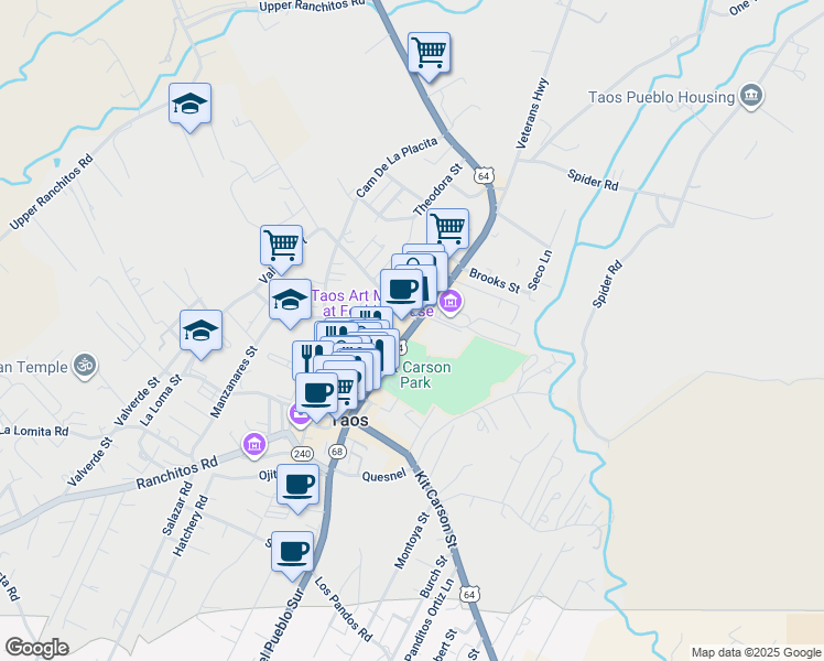 map of restaurants, bars, coffee shops, grocery stores, and more near 215 Paseo Del Pueblo Norte in Taos