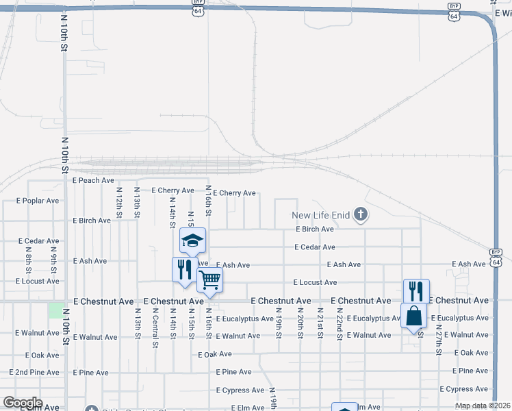 map of restaurants, bars, coffee shops, grocery stores, and more near 1317 North Ferguson Street in Enid