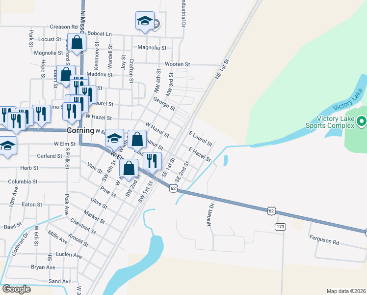 map of restaurants, bars, coffee shops, grocery stores, and more near 306 East Walnut Street in Corning