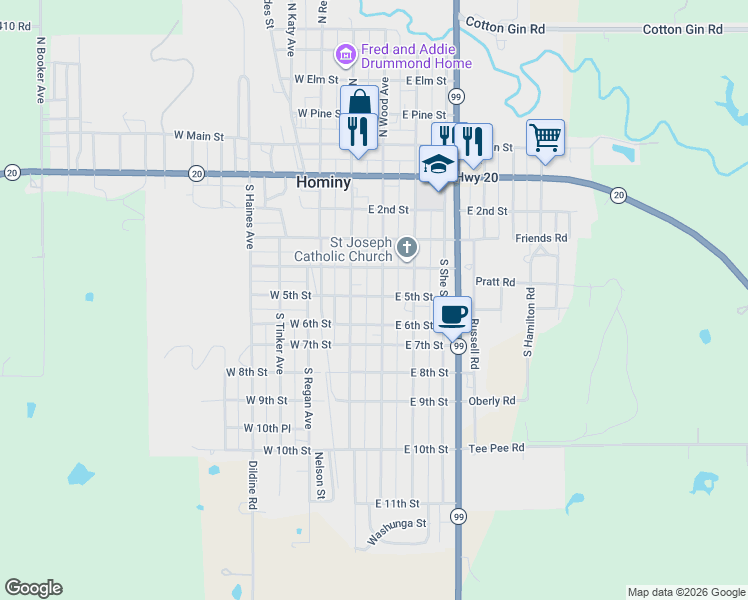 map of restaurants, bars, coffee shops, grocery stores, and more near 623 South Wood Avenue in Hominy