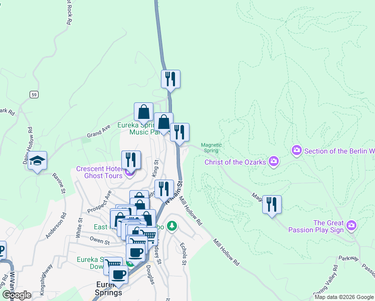 map of restaurants, bars, coffee shops, grocery stores, and more near 1 Magnetic Drive in Eureka Springs