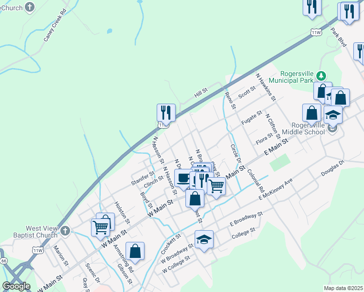 map of restaurants, bars, coffee shops, grocery stores, and more near 413 North Church Street in Rogersville
