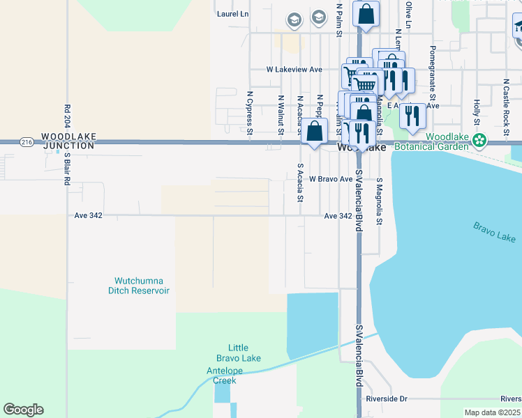 map of restaurants, bars, coffee shops, grocery stores, and more near 250 South Oaks Street in Woodlake