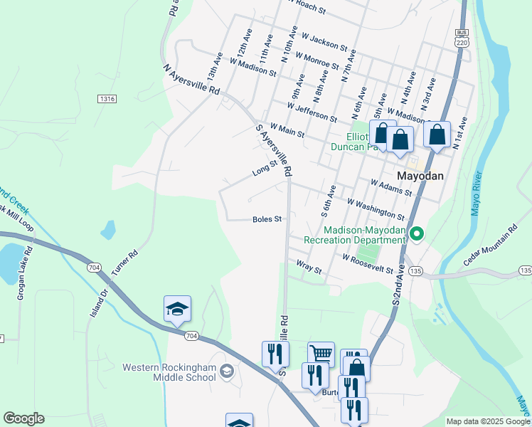 map of restaurants, bars, coffee shops, grocery stores, and more near 306 West Washington Exd in Mayodan