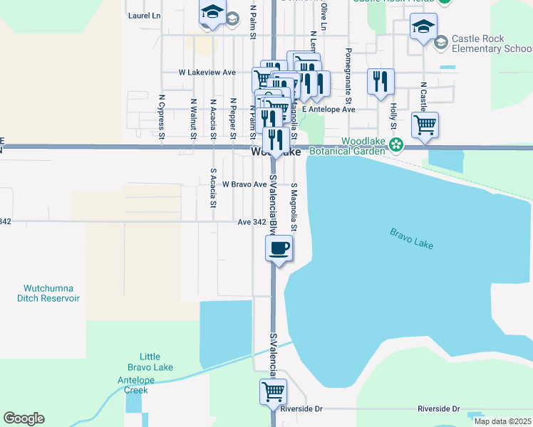 map of restaurants, bars, coffee shops, grocery stores, and more near 244 South Palm Street in Woodlake