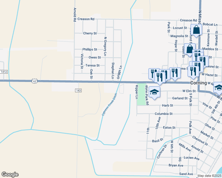map of restaurants, bars, coffee shops, grocery stores, and more near 2203 West Main Street in Corning