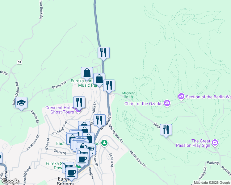 map of restaurants, bars, coffee shops, grocery stores, and more near 1-511 Magnetic Drive in Eureka Springs