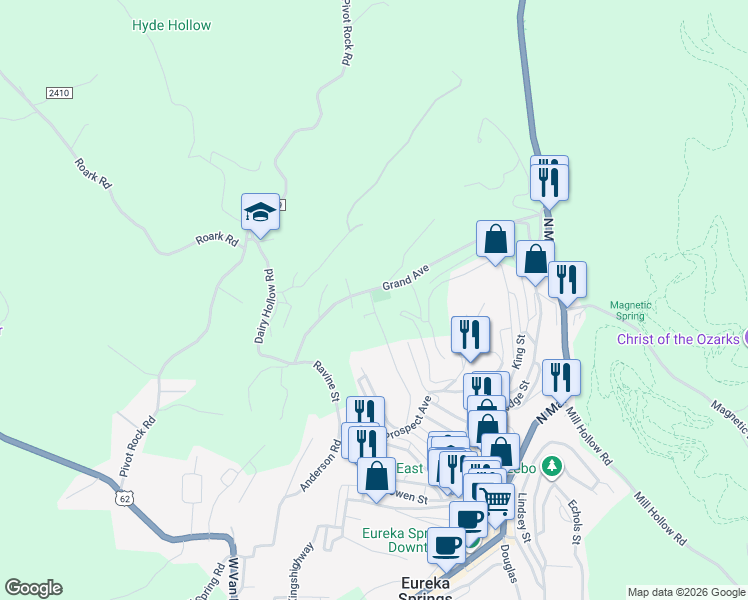 map of restaurants, bars, coffee shops, grocery stores, and more near 532 Spring Street in Eureka Springs