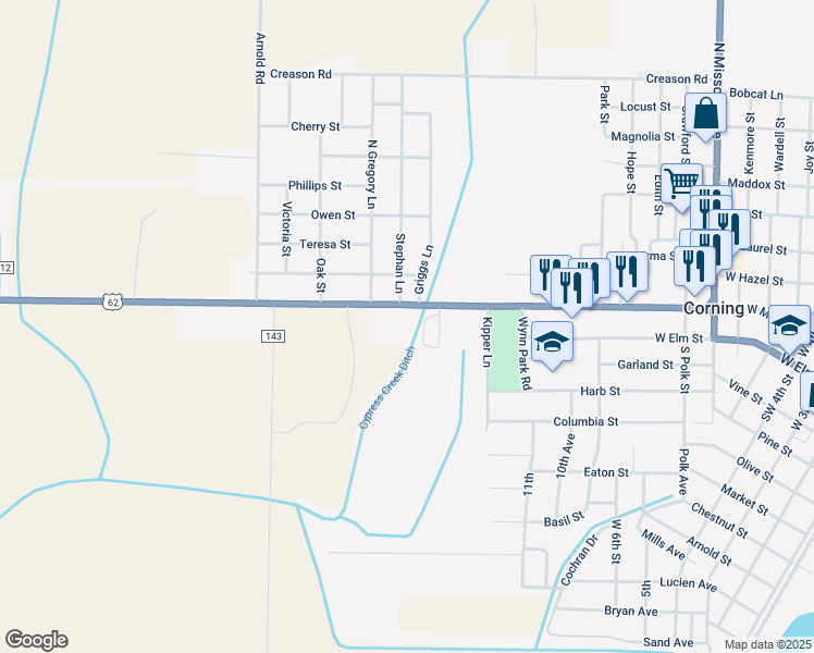 map of restaurants, bars, coffee shops, grocery stores, and more near 2203 West Main Street in Corning