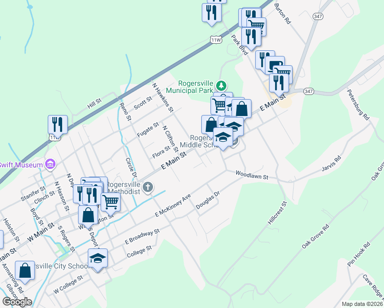 map of restaurants, bars, coffee shops, grocery stores, and more near 712 East Main Street in Rogersville