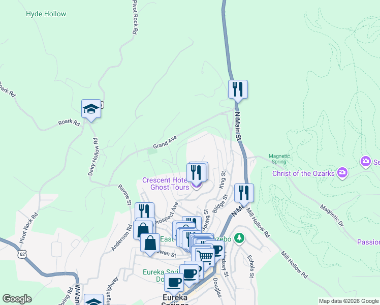 map of restaurants, bars, coffee shops, grocery stores, and more near 12 Lookout Circle in Eureka Springs