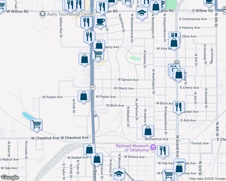 map of restaurants, bars, coffee shops, grocery stores, and more near 1417 North Quincy Street in Enid