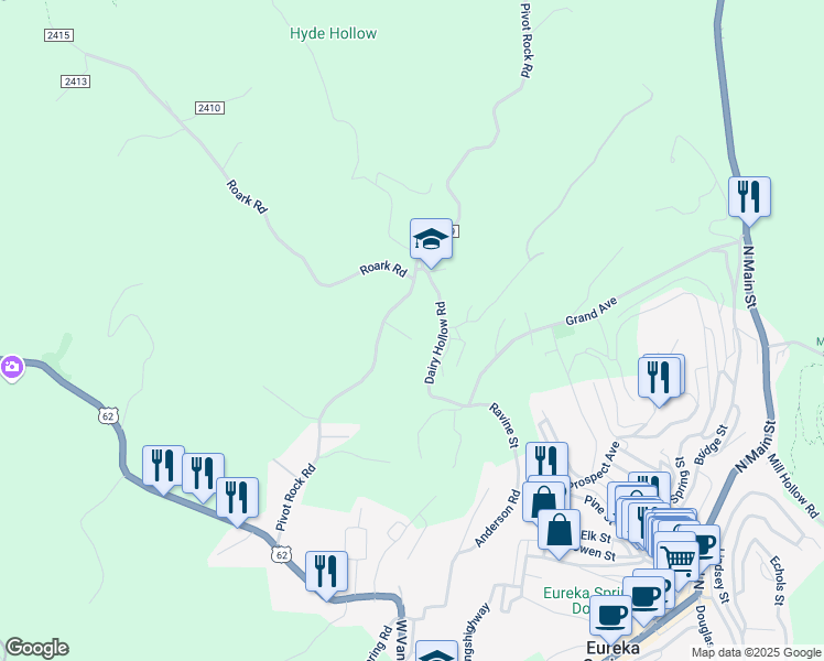 map of restaurants, bars, coffee shops, grocery stores, and more near 255 Dairy Hollow Road in Eureka Springs