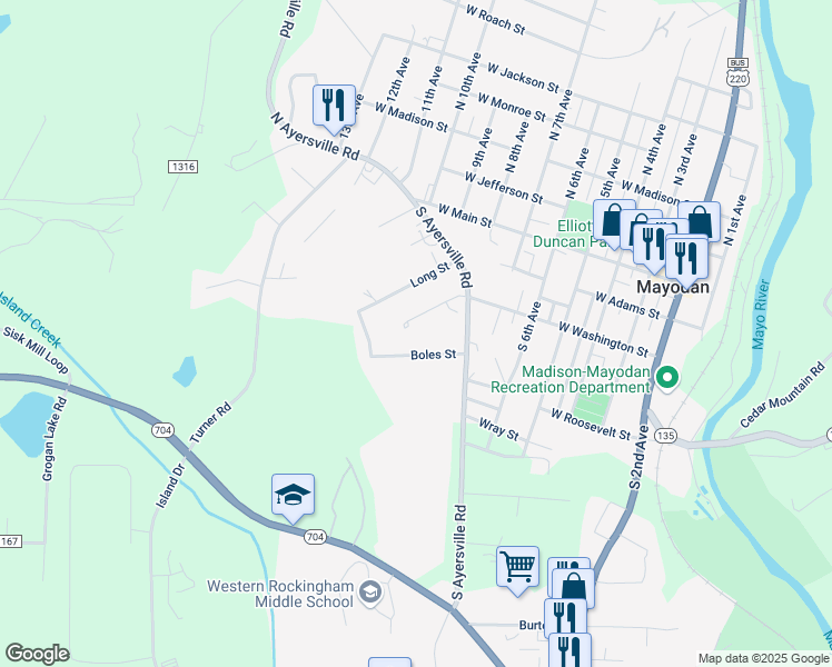 map of restaurants, bars, coffee shops, grocery stores, and more near 306 West Washington Exd in Mayodan