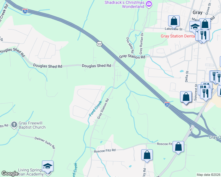 map of restaurants, bars, coffee shops, grocery stores, and more near 1015 Gray Station Rd in Gray