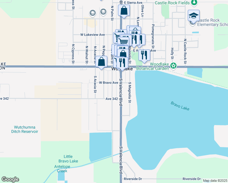 map of restaurants, bars, coffee shops, grocery stores, and more near 244 South Palm Street in Woodlake