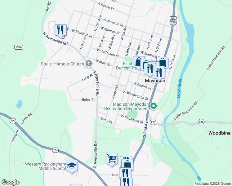 map of restaurants, bars, coffee shops, grocery stores, and more near 305 South 6th Avenue in Mayodan